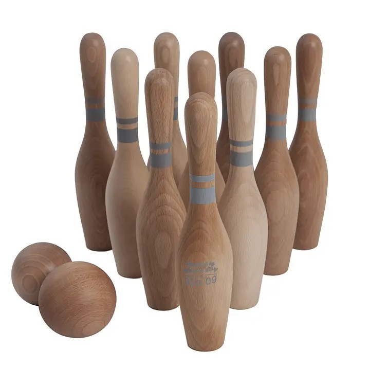 Set bowling copii Handmade, lemn natural, 12 piese, saculet bumbac organic