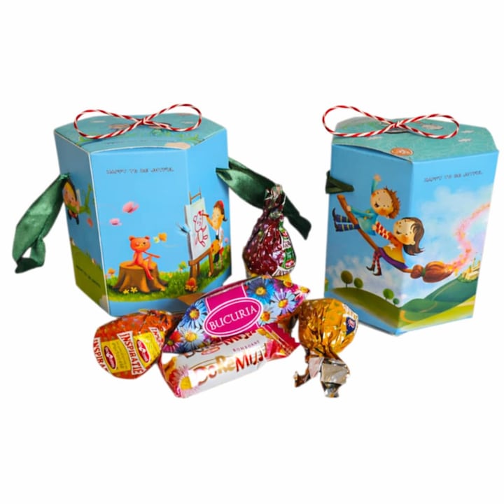 Cutie cadou 200 g bomboane Bucuria, cadou elegant Martisor, ambalaj festiv