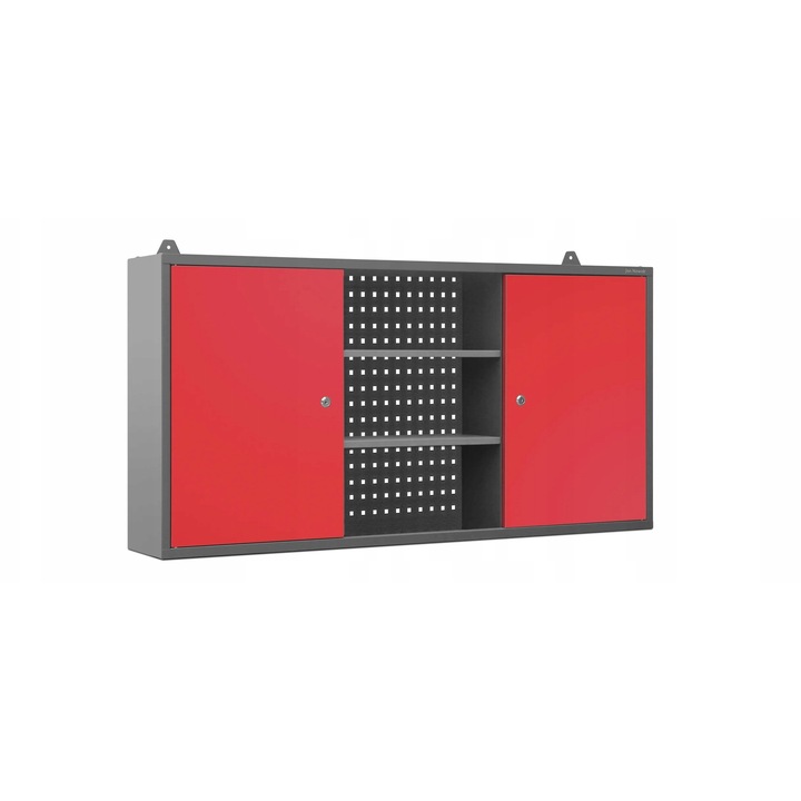 Garázsszekrény, BEN, antracit-piros, 120x60x20cm, perforált panellel, szerszámokhoz, szabadon álló rögzítés