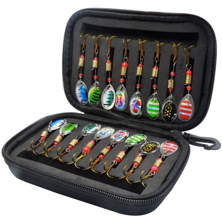 Set 16 spinnere lingurite rotative pentru pescuit la spinning, camuflaj, 3g - 5.2g, geanta de depozitare