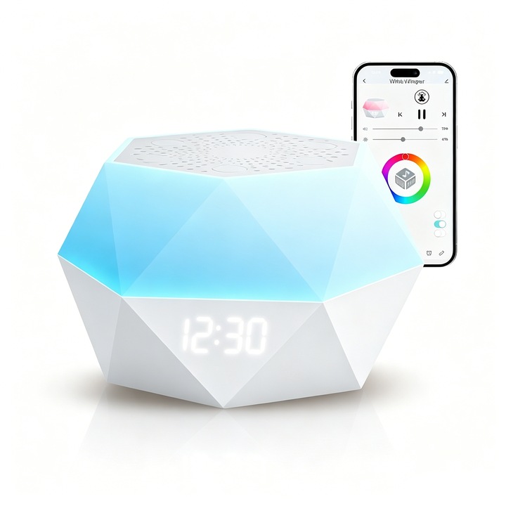 VeniSymlis® Difuzor inteligent pentru somn cu zgomot alb, 32 Sunete Linistitoare, Bluetooth, 8 Culori Ajustabile, 3000 temperaturi culoare, temporizator 30-240 minute, baterie 8-10h, incarcare Type-C, portabil, pentru relaxare si somn linistit, Alb