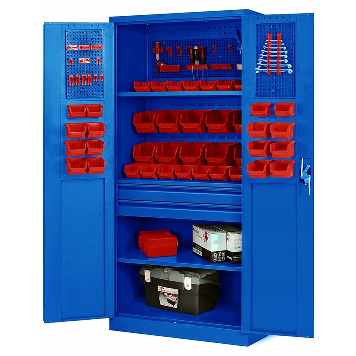 Sifonier metalic SZYMON, JAN NOWAK, 4 compartimente, 2 sertare, albastru RAL 5017, 185x92x50cm