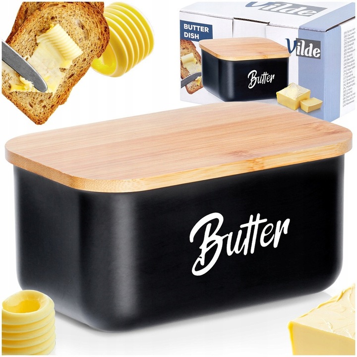 Untiera Din Otel Inoxidabil Cu Capac Din Bambus, Vilde, 14.5x9.5 cm, Negru/Maro, Recipient Elegant Pentru Pastrarea Si Servirea Untului, Protejeaza Prospetimea, Design Modern Cu Inscriptie Butter, Usor De Curatat, Accesoriu Practic In Bucatarie
