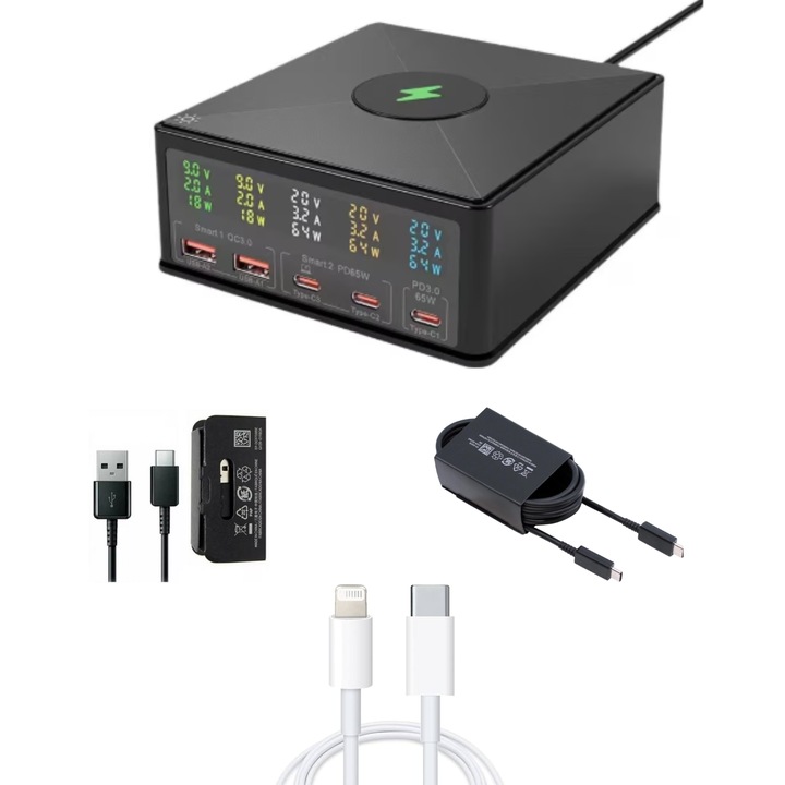 Kit Statie de incarcare 160w, multi-port incarcare rapida, Usb-C pd65W, QC 3.0, Incarcare wireless fast QI 15w cu 1 x Cablu date Usb-C-A, 1 x Cablu date Usb-C-C 5a, 1 x Cablu date Usb-C-light