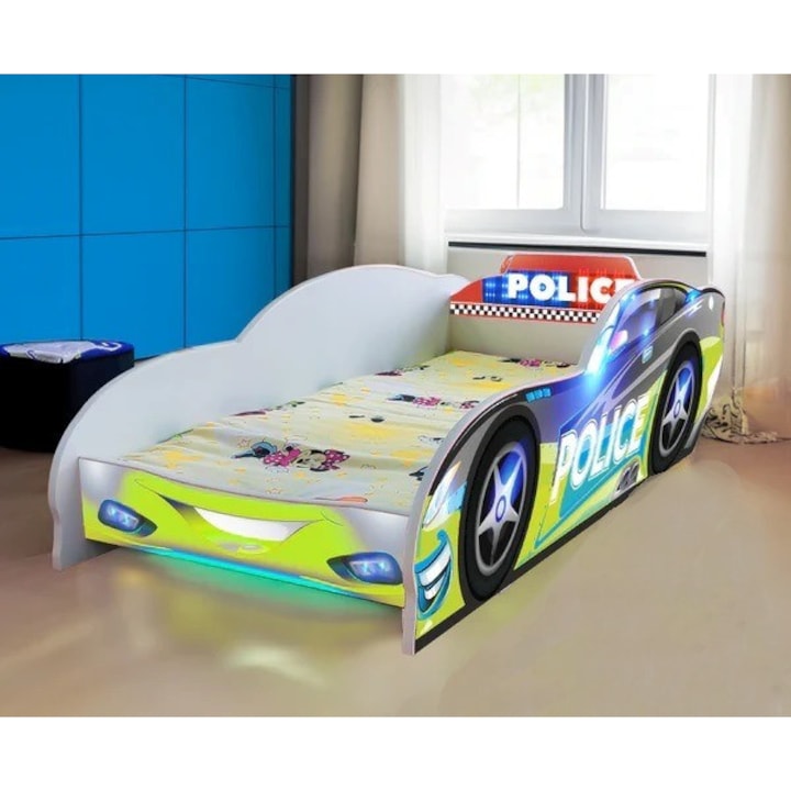 Pat copii tip masina Police, 170x80 cm, saltea inclusa