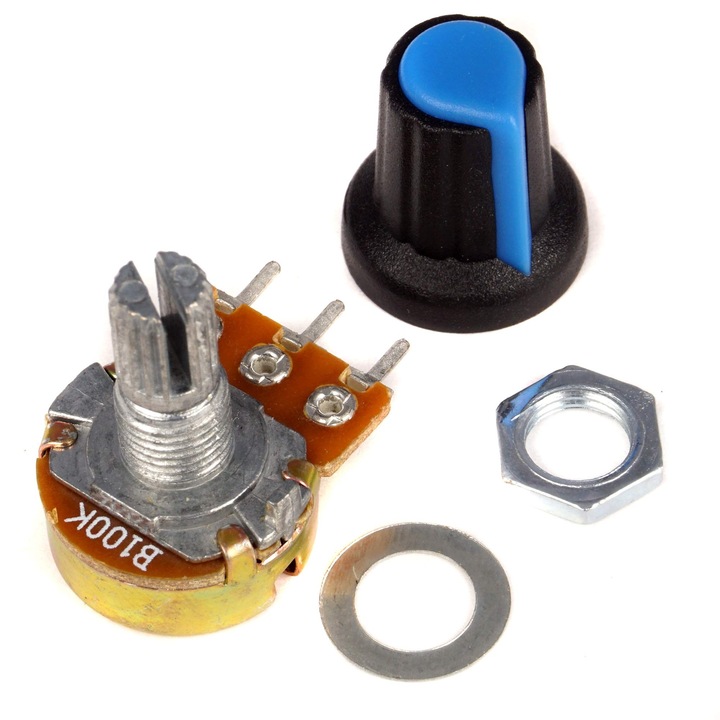 Potentiometru rotativ liniar 100 kOhm, Elektroweb, buton 15mm, unghi rotatie 300°