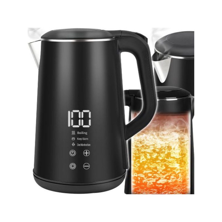 Fierbător Electric VarioShop, 1500W, 1.6L, Negru Mat, Panou Tactil, Funcție Mentinere Temperatură