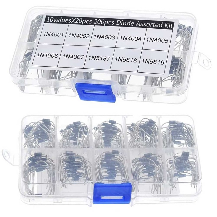 Set 200 diode redresoare și Schottky, Elektroweb, 10 tipuri, organizator practic