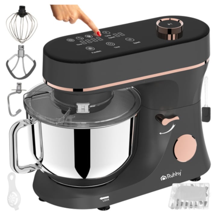Mixer Planetar AB HOMES, 2000 W, Bol Incalzit 5, 7 L, 11 Viteze, Negru/Rose
