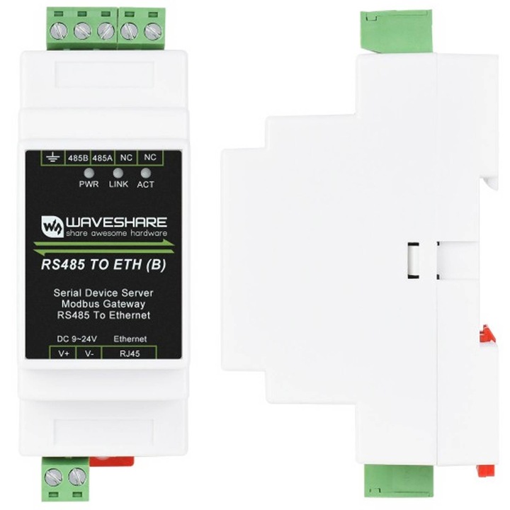 Waveshare RS485-Ethernet RJ45 konverter modul, DIN sínre szerelhető, 9-24 V DC tápellátás, méretek 87x36x59mm