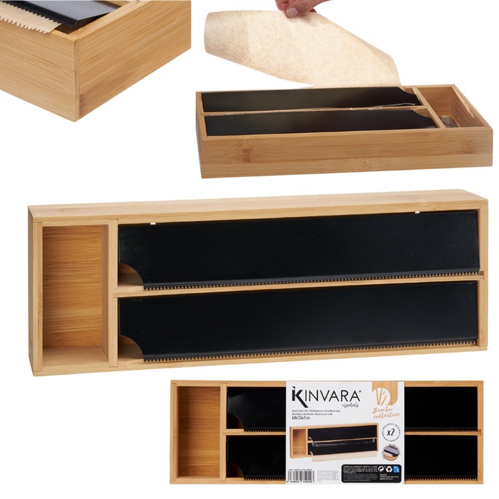 Organizator si taietor folie bucatarie, KINVARA, suport pentru 2 role, aspect lemn natural, dimensiuni compacte