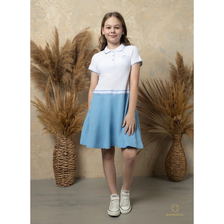 Rochie polo cu maneca scurta, pentru fetite, din bumbac, Albastru