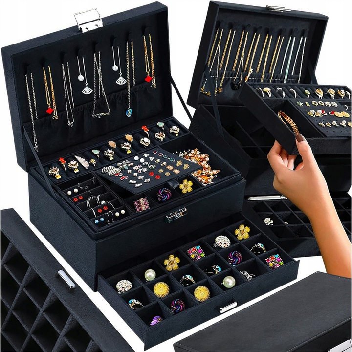 Ékszertartó doboz, fekete, 11x17x24cm, kulcsos zárral