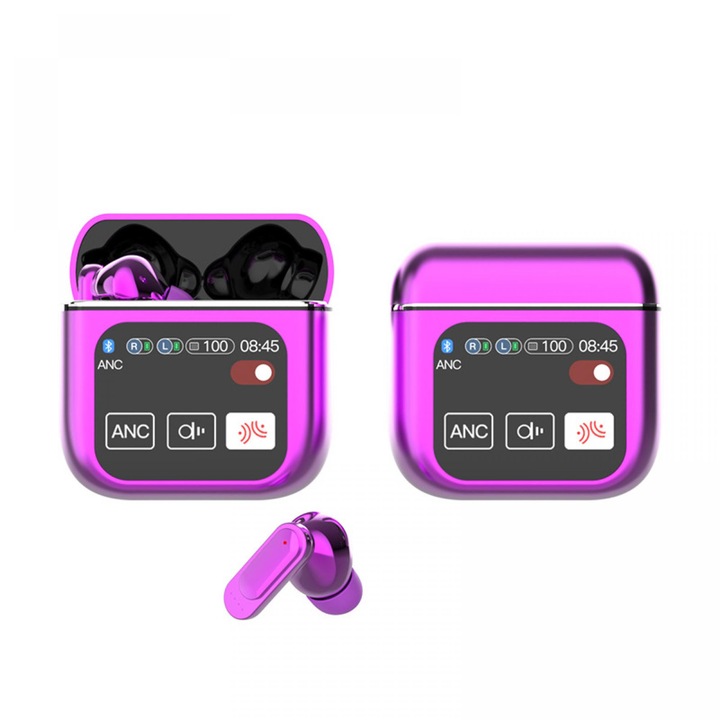 Casti True Wireless Intraauriculare cu ANC, Bluetooth 5.4, Carcasa cu Ecran Tactil, Autonomie Extinsa (30+ Ore), Compatibil iPhone/Android, Violet