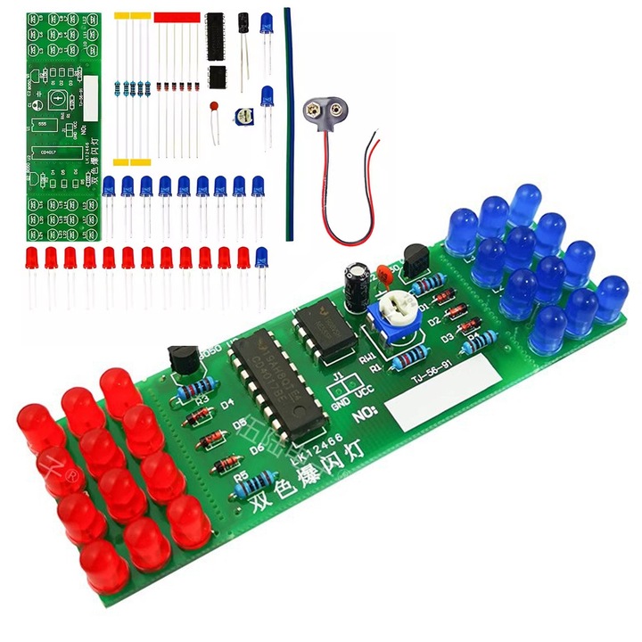 Kit de lipit DIY pentru lumina stroboscopică, Elektroweb, 43 componente, LED-uri roșii și albastre, 9V