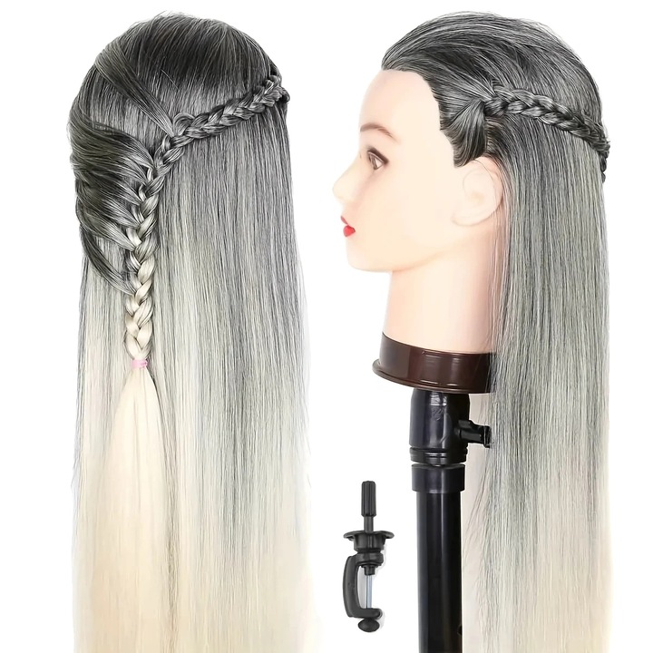 Cap de manechin pentru coafura, par realist, gri