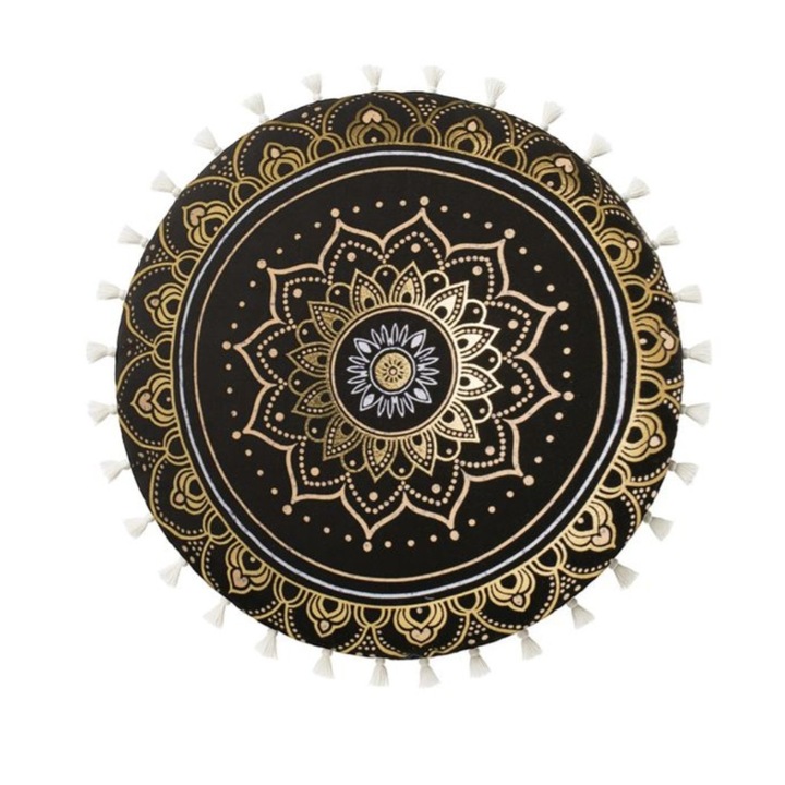 Perna decorativa, neagra cu model manala din folie aurie si ciucuri bej, Ø40cm