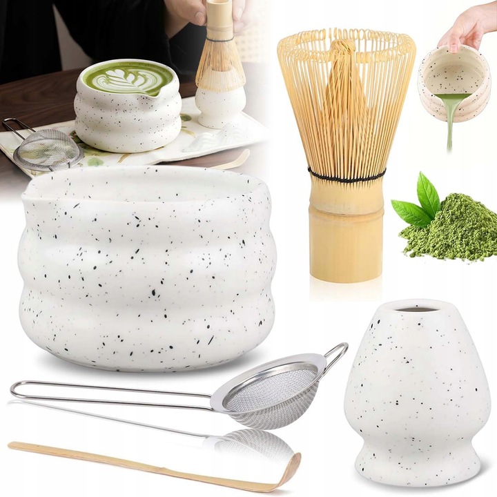 Set accesorii ceai matcha, alb, bol ceramica, tel bambus, lingura, strecuratoare, suport