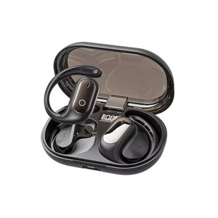 Casti Bluetooth 5.4 Sport Ear-Hook ANC-vel, AI Fordító 144 Nyelvhez, Vízálló IPX5, Akkumulátor 40mAh+200mAh, Üzemidő 5 óra, Type-C Töltés, HiFi Sztereó, Ideális Futáshoz, Edzőterembe, Utazáshoz - Fekete