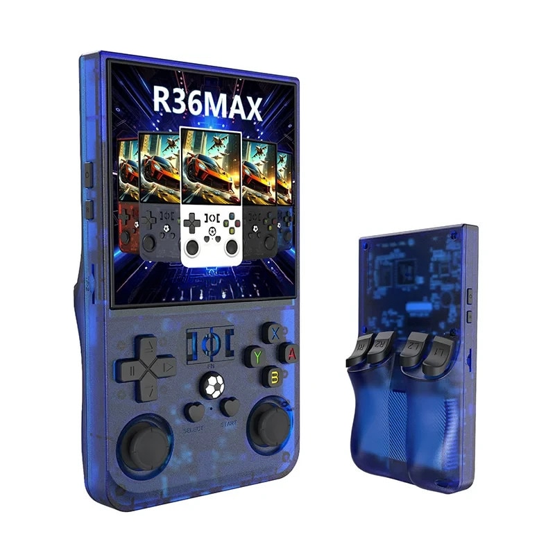 Consola R36 Max Retro LUKETO®, Display IPS 4 Inch, Memorie 64GB, 15000 Jocuri, Peste 30 Emulatoare, Procesor Quad Core, Joystick-uri 3D, Taste L/R, Conexiune Doi Jucatori, Baterie 4000mAh, Sistem Linux, Design Ergonomic Portabil, Albastru Transparent