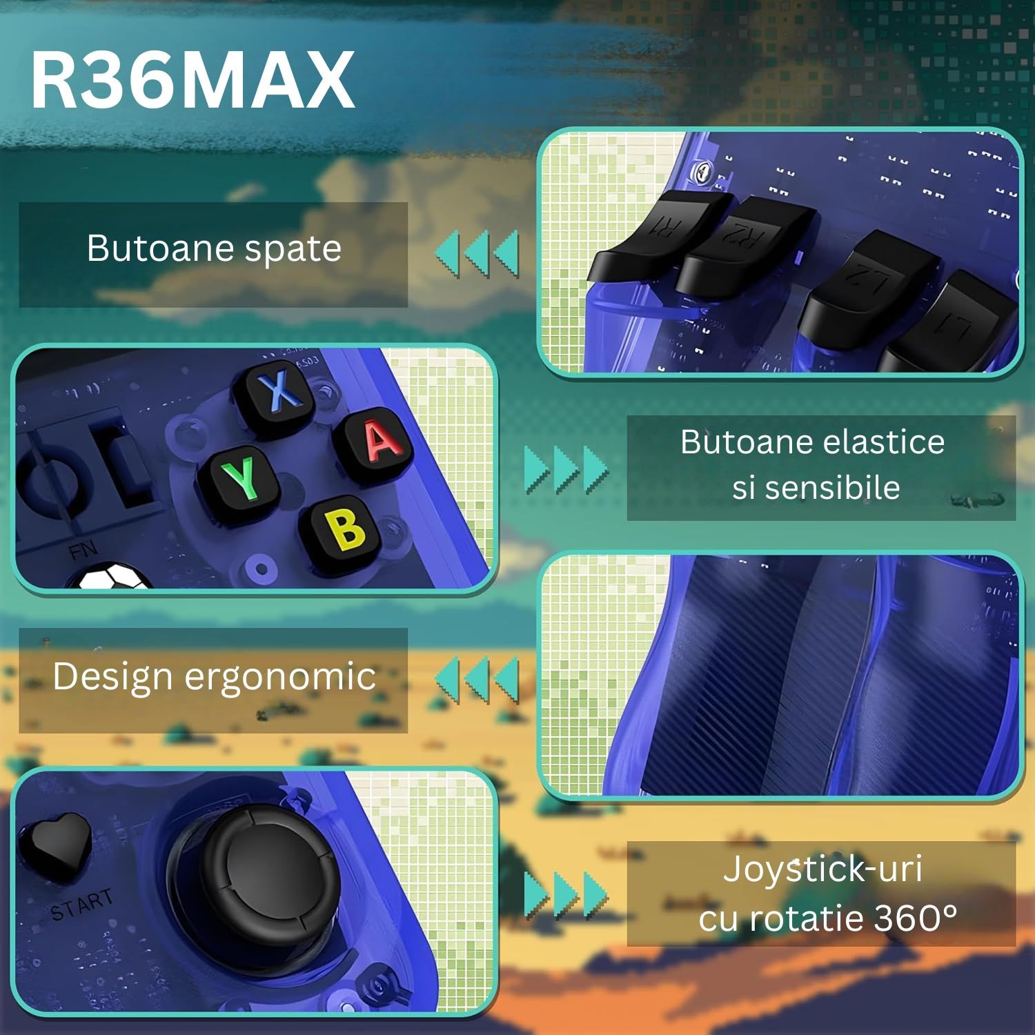 Consola R36 Max Retro LUKETO®, Display IPS 4 Inch, Memorie 64GB, 15000 Jocuri, Peste 30 Emulatoare, Procesor Quad Core, Joystick-uri 3D, Taste L/R, Conexiune Doi Jucatori, Baterie 4000mAh, Sistem Linux, Design Ergonomic Portabil, Albastru Transparent