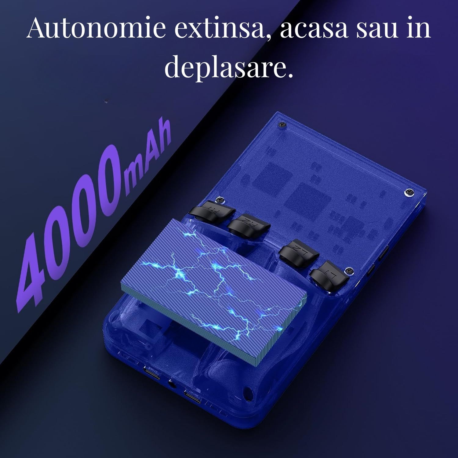Consola R36 Max Retro LUKETO®, Display IPS 4 Inch, Memorie 64GB, 15000 Jocuri, Peste 30 Emulatoare, Procesor Quad Core, Joystick-uri 3D, Taste L/R, Conexiune Doi Jucatori, Baterie 4000mAh, Sistem Linux, Design Ergonomic Portabil, Albastru Transparent