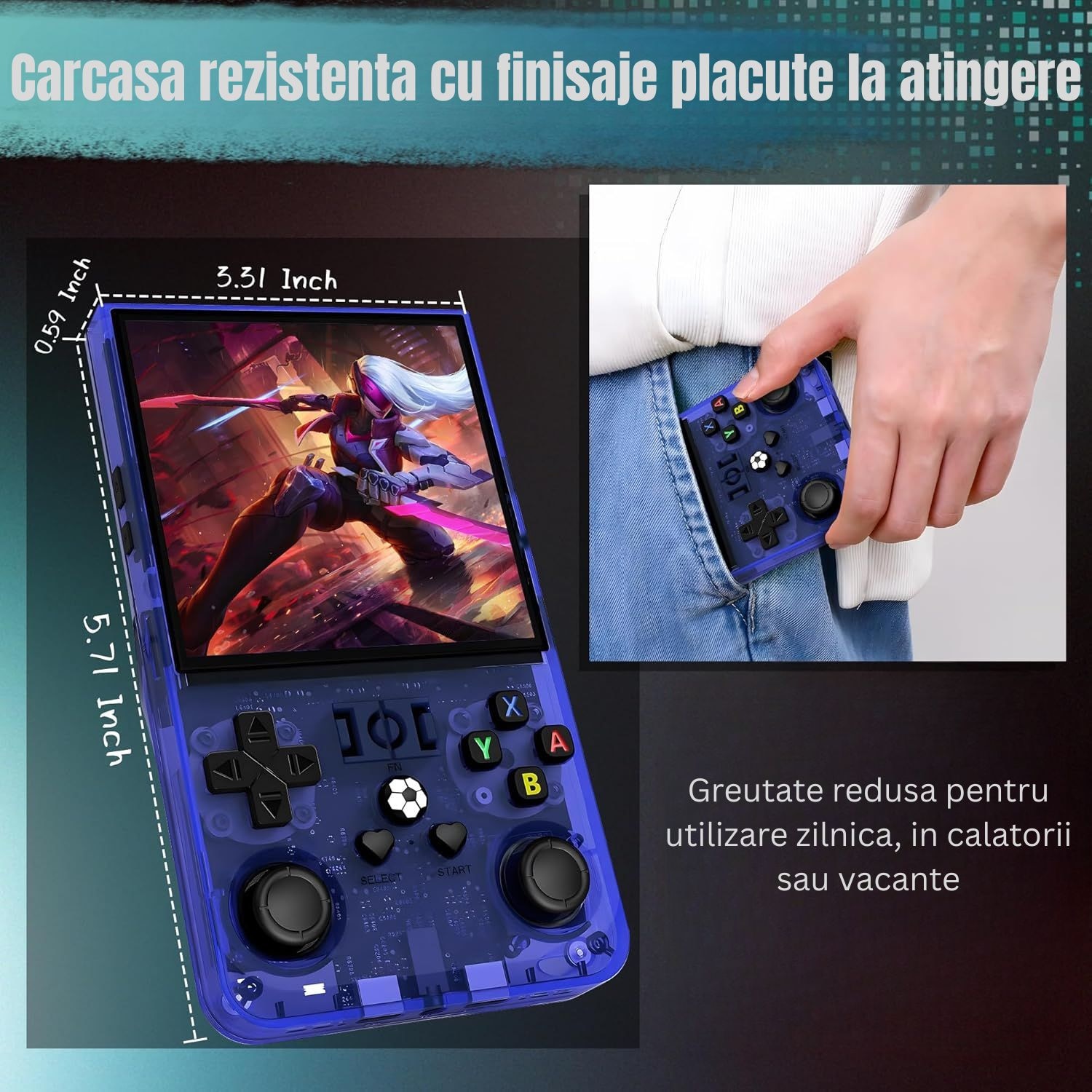 Consola R36 Max Retro LUKETO®, Display IPS 4 Inch, Memorie 64GB, 15000 Jocuri, Peste 30 Emulatoare, Procesor Quad Core, Joystick-uri 3D, Taste L/R, Conexiune Doi Jucatori, Baterie 4000mAh, Sistem Linux, Design Ergonomic Portabil, Albastru Transparent