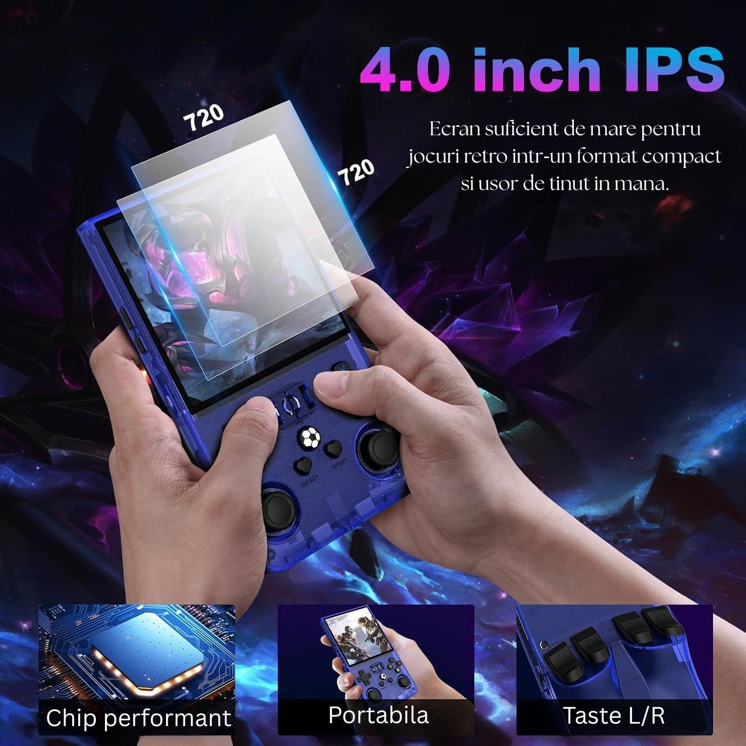 Consola R36 Max Retro LUKETO®, Display IPS 4 Inch, Memorie 64GB, 15000 Jocuri, Peste 30 Emulatoare, Procesor Quad Core, Joystick-uri 3D, Taste L/R, Conexiune Doi Jucatori, Baterie 4000mAh, Sistem Linux, Design Ergonomic Portabil, Albastru Transparent