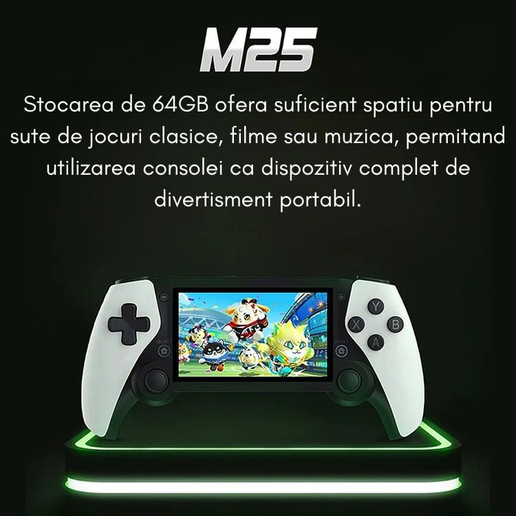 Consola Retro M25 LUKETO®, Display 4.3 Inch IPS, Procesor Quad Core A55 1.8GHz, Memorie 64GB, 20000 de Jocuri Preinstalate, Compatibila cu 25 Emulatoare, Joystick-uri 3D, Baterie 3000mAh, Sistem Linux, Design Portabil si Ergonomic, Negru/Alb