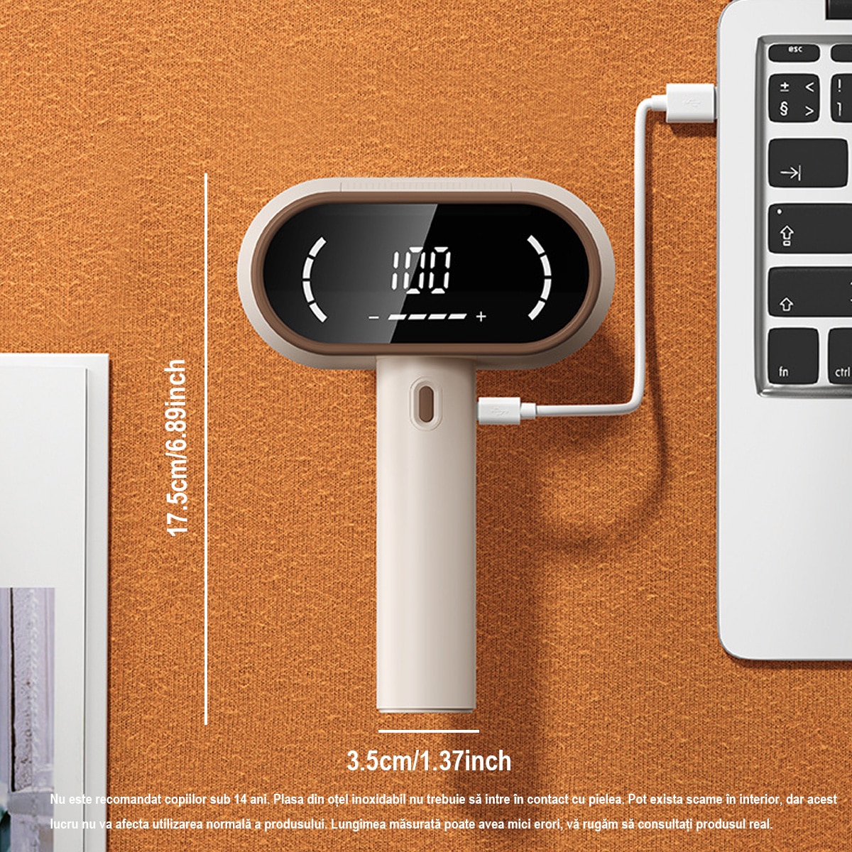 Aparat Curatat Scame Haine FooFoony, USB-C Reincarcabil, Autonomie Lunga, Cutit Reinventat Gros, Display LED, Curatare Profunda Fara Deteriorare Textil, pentru Haine din Bumbac, Lana, Polyester – Bej