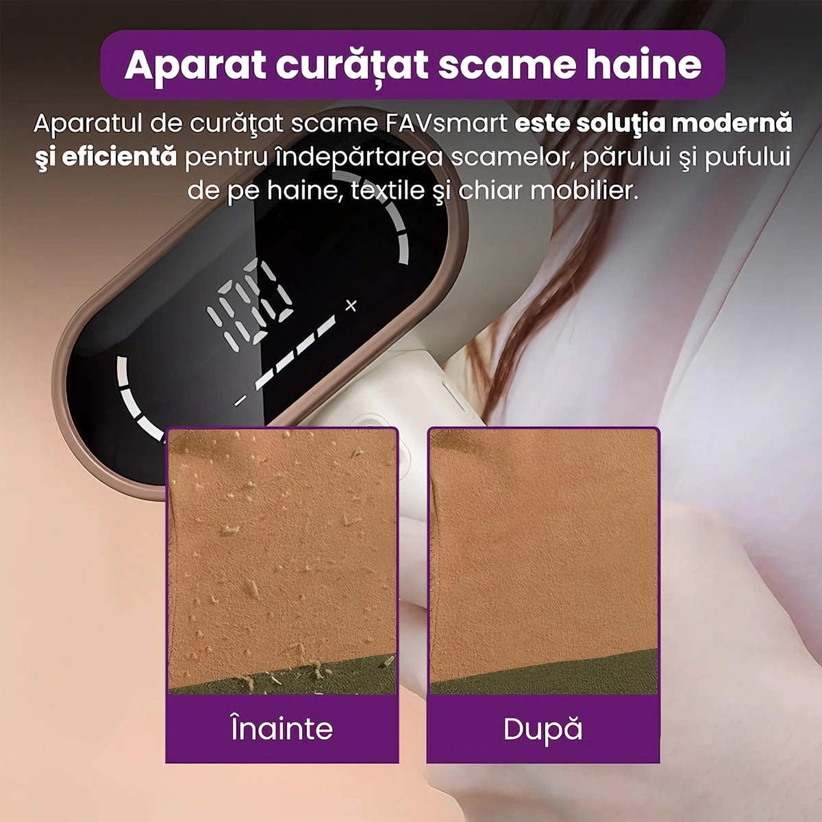 Aparat Curatat Scame Haine FooFoony, USB-C Reincarcabil, Autonomie Lunga, Cutit Reinventat Gros, Display LED, Curatare Profunda Fara Deteriorare Textil, pentru Haine din Bumbac, Lana, Polyester – Bej