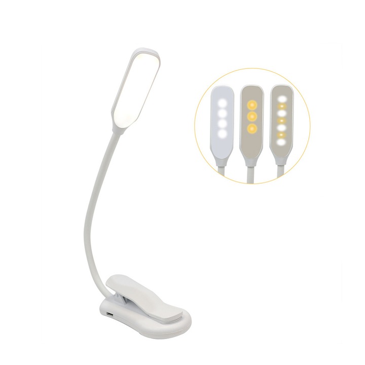 FooFoony Lampa de citit portabila cu clema si baza antiderapanta, 7 LED-uri, 3 moduri de culoare (calda/neutru/rece), reglaj lumina prin apasare lunga, baterie Li-Po 500 mAh, incarcare Micro-USB, ideala pentru carte, birou, pat, calatorii, Alb