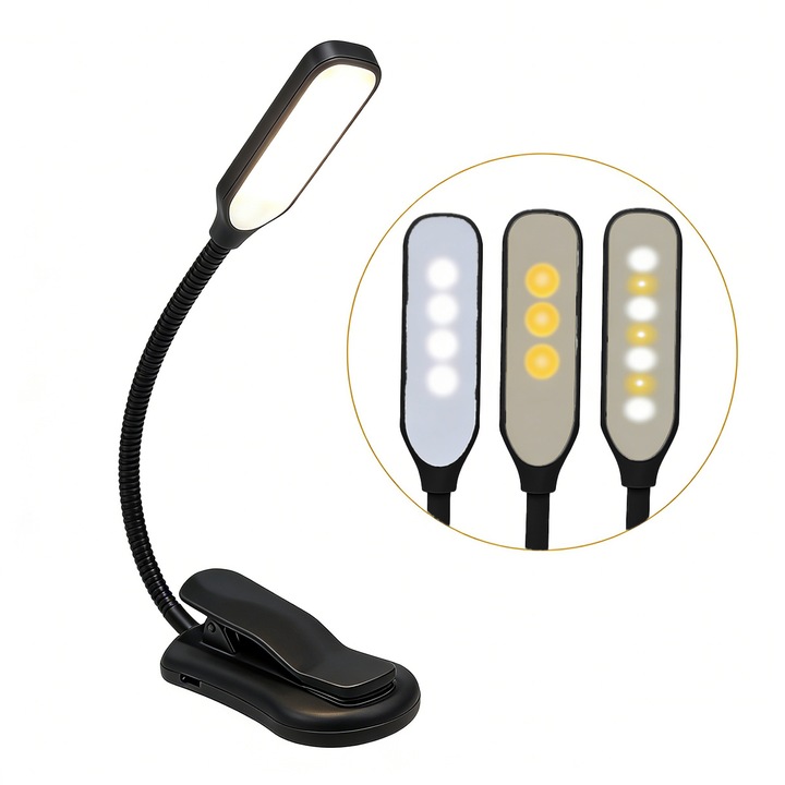FooFoony Lampa de citit portabila cu clema si baza antiderapanta, 7 LED-uri, 3 moduri de culoare (calda/neutru/rece), reglaj lumina prin apasare lunga, baterie Li-Po 500 mAh, incarcare Micro-USB, ideala pentru carte, birou, pat, calatorii, Negru
