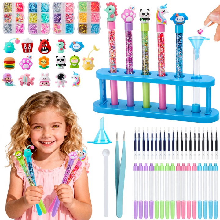 Set Creion DIY pentru Copii, 60 de Accesorii, Jucarie Educativa Creativa, Cadou Personalizat pentru Baieti si Fete 6-12 Ani - Creione cu Glitter si Accesorii Decorative