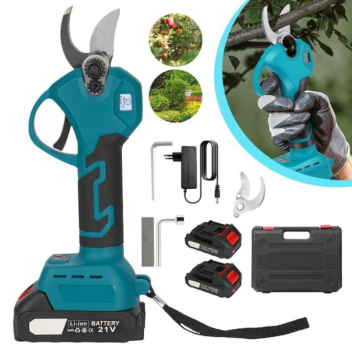 Foarfeca electrica de gradinarit CHOOLY, deschidere maxima 40mm, pentru taierea ramurilor, albastru, set cu 2 baterii