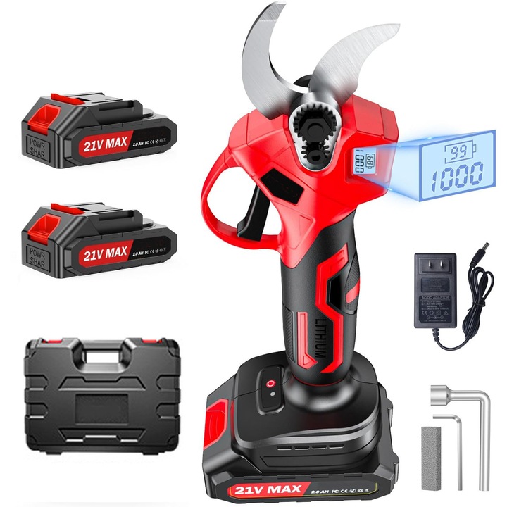 Foarfeca Electrica, Ultrixe Foarfece de Gradina fara Fir cu afisaj LCD, Motor Brushless, Lama din Otel Carbon, 2 Acumulatori 2000mAh, Reglare pe 4 niveluri, Taiere Max 35mm, IPX5, Incarcator + Valiza Transport