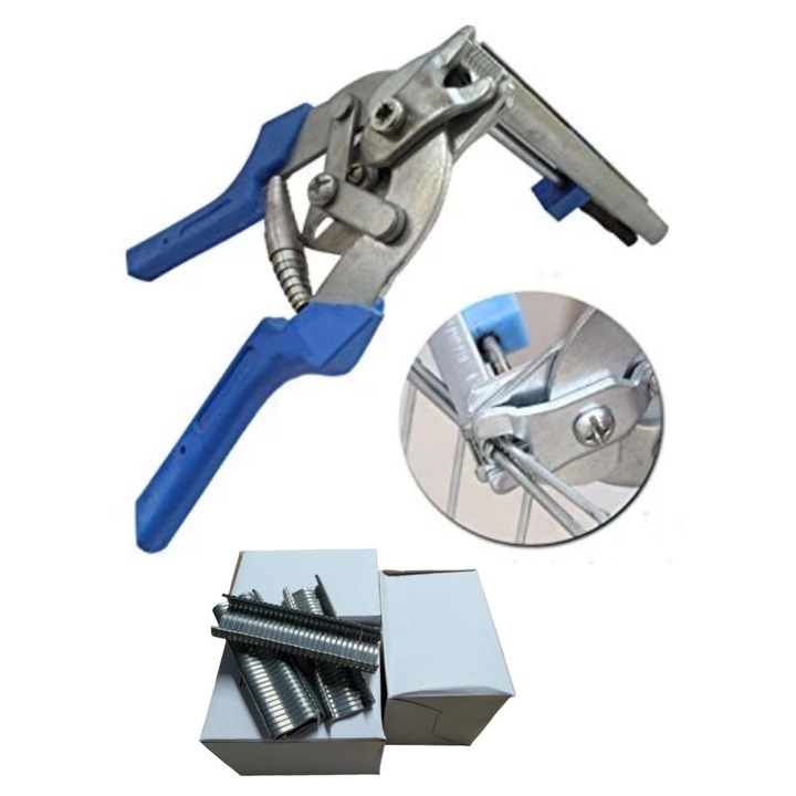 Clește patent automat pentru legat salamuri și garduri, Crescatori, 3 seturi de capse, metal, set