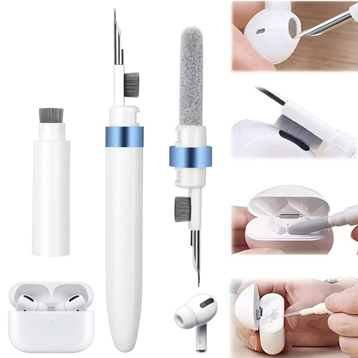 Kit de curatare casti 4 in 1 pentru AirPods, ZYNORO®, casti wireless, aparat foto, tastatura, piese lego, Albastru