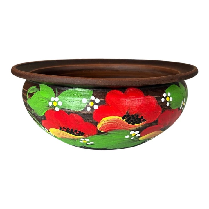 Castron ceramic, bol traditional, pictat manual cu maci, 20x7.5cm