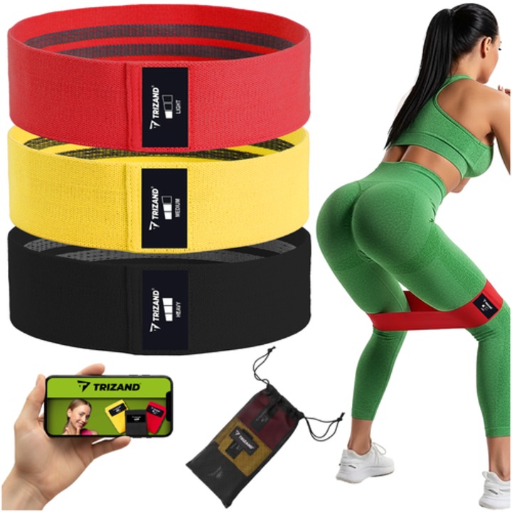 Trizand gumiszalag készlet, 3 darab, könnyű, közepes és erős ellenállás, többszínű, fitneszhez