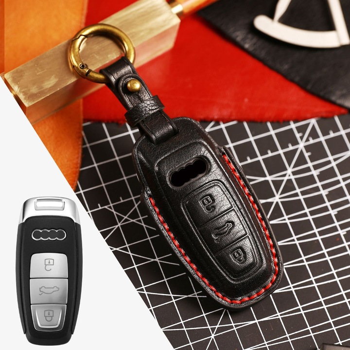Husa protectie cheie auto din piele Premium Negru compatibil AUDI 2011-2021 cu 3 Butoane in linie smart remote auto key Nabi Market ®