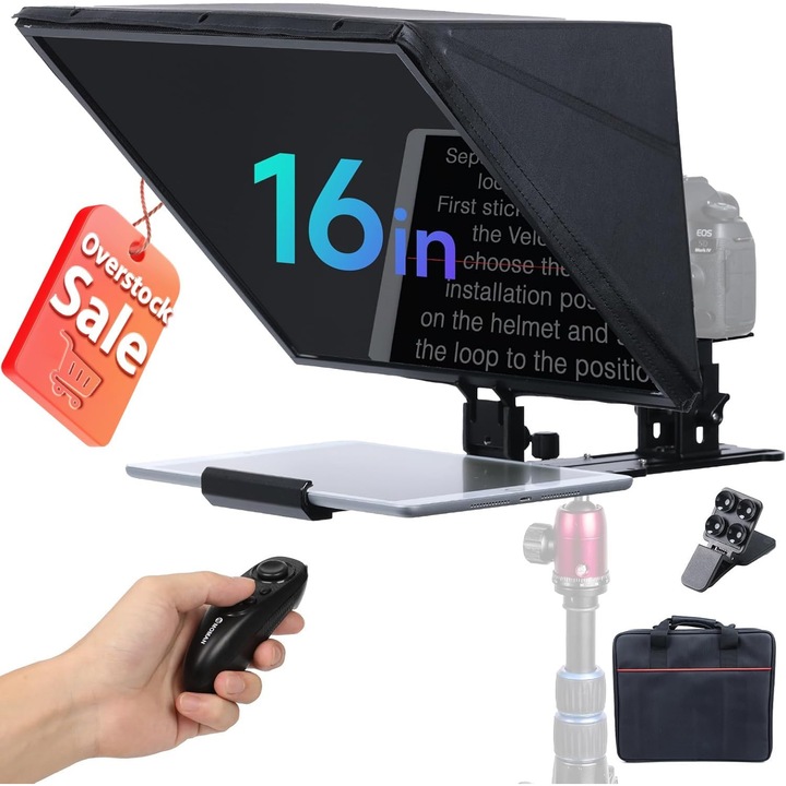 16 hüvelykes teleprompter készlet DSLR kamerákhoz, távirányítóval, iPad, tablet, okostelefon kompatibilis alkalmazással, fémből, 1/4 hüvelykes rögzítéssel és tároló- és szállítótáskával
