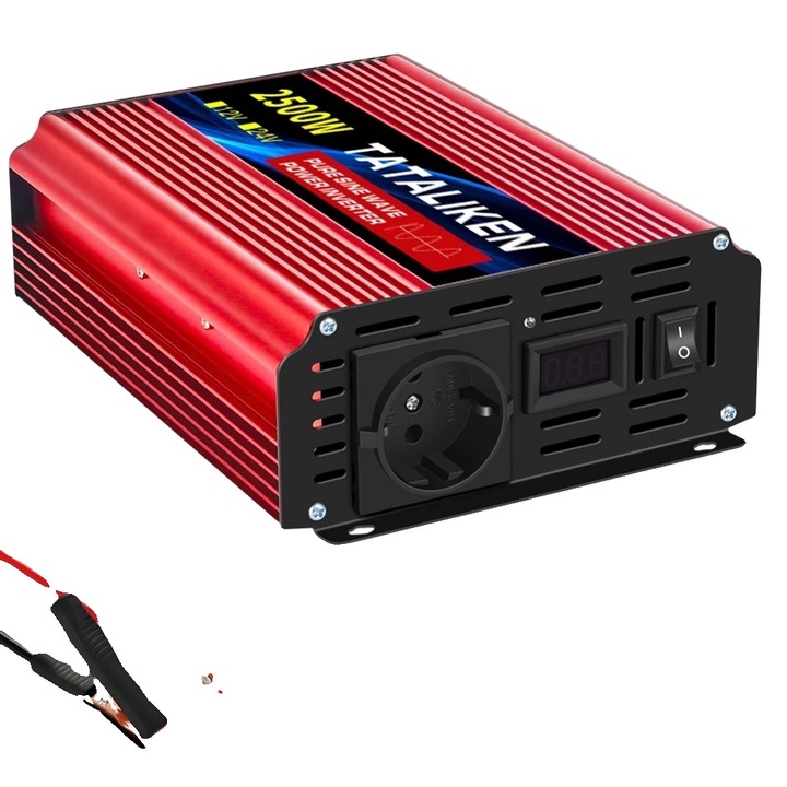 Inverter auto 12V-2500W, AC 220V, priza europeana, eficienta 90%