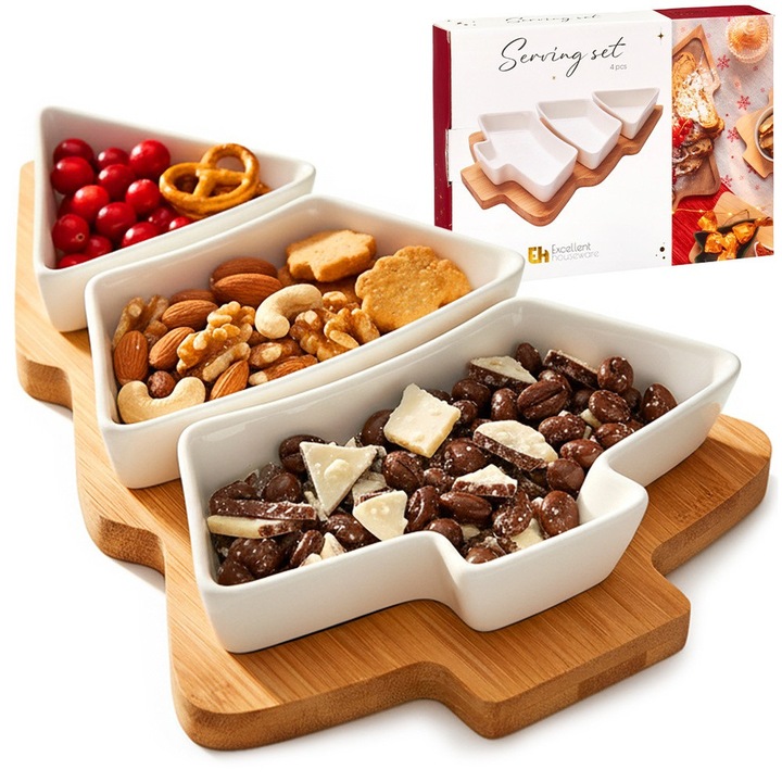 Set De Servire Pentru Aperitive, Excellent Houseware, Boluri Din Portelan, Tava Din Bambus, Poate Fi Spalata In Masina De Spalat Vase, Decor Elegant Pentru Masa, 4 Piese In Set, Alb