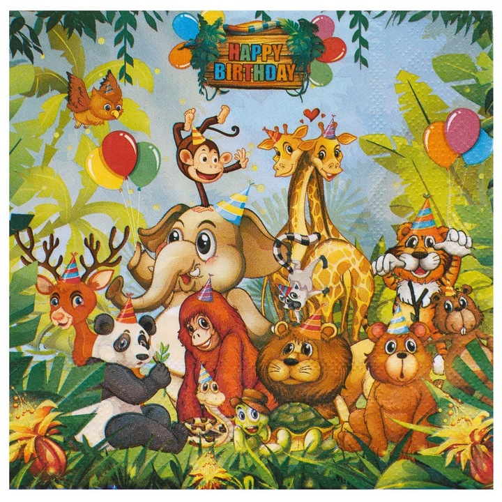 2 rétegű asztali szalvéták dzsungel állatos mintával "Happy Birthday" 33x33cm - 12db