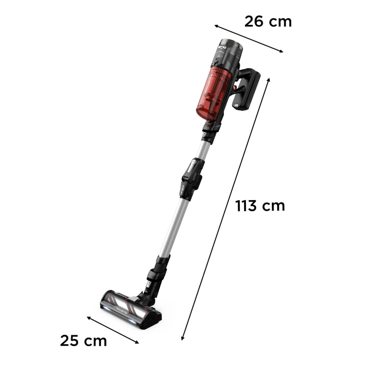 Aspirator vertical Rowenta X-Force Flex 13.60 Complete Animal RH9A93E0, 150 air watts, autonomie 60 min, filtrare 99.9%, recipient 0.65L, tub flex, iluminare LED, functie boost, rosu & argintiu