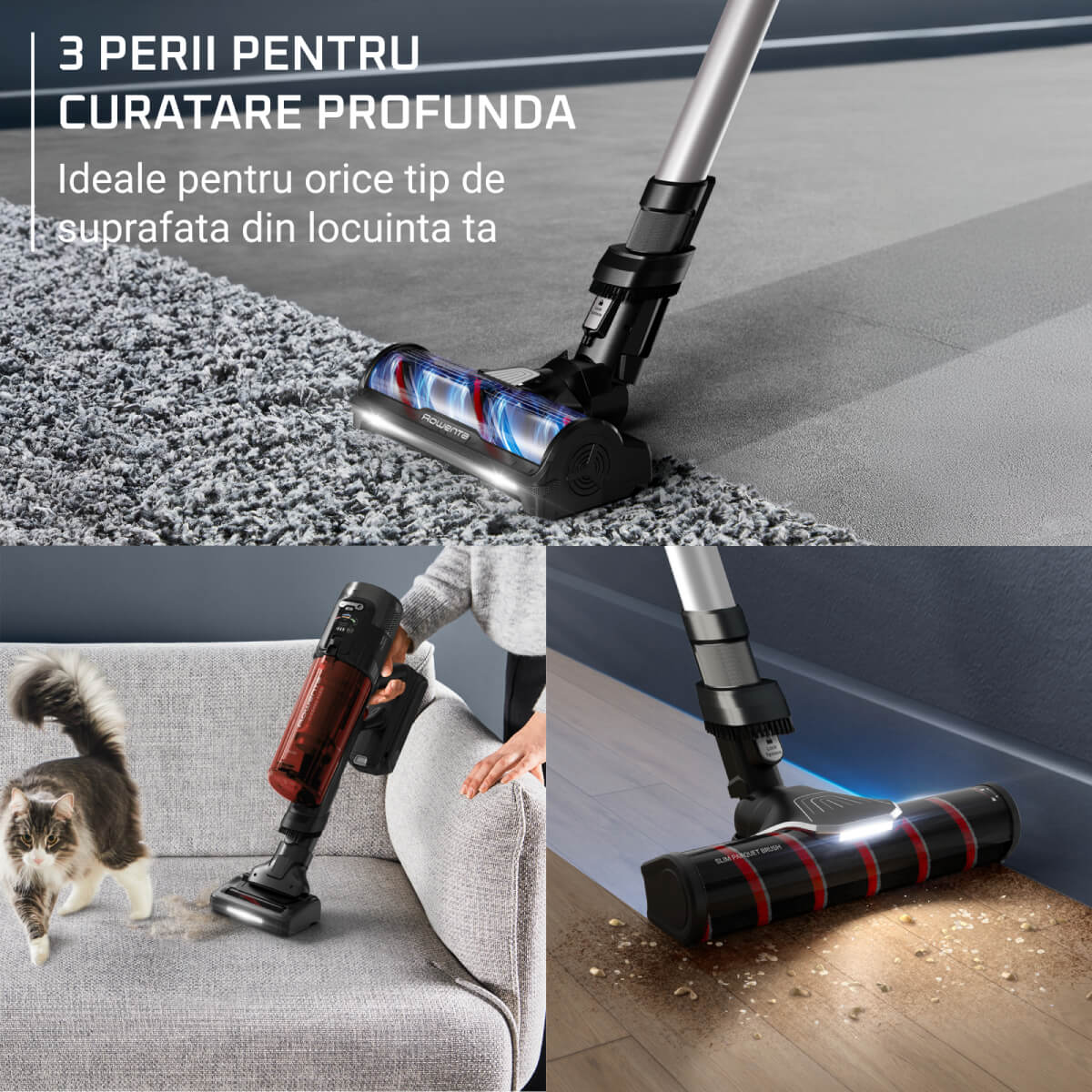 Aspirator vertical Rowenta X-Force Flex 13.60 Complete Animal RH9A93E0, 150 air watts, autonomie 60 min, filtrare 99.9%, recipient 0.65L, tub flex, iluminare LED, functie boost, rosu & argintiu