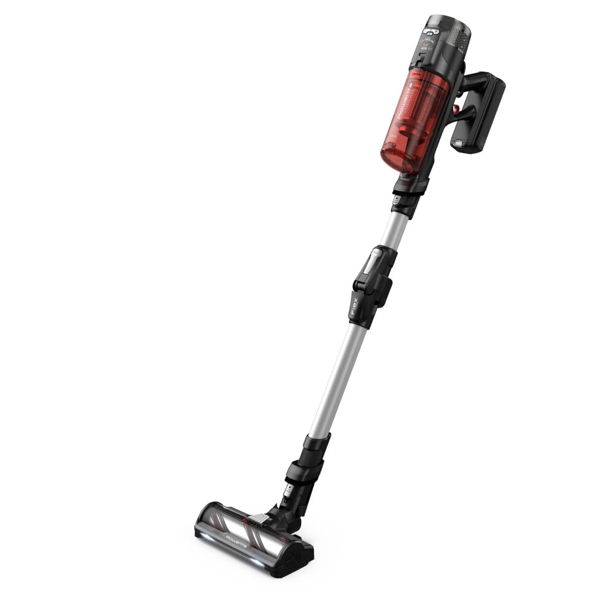 Aspirator vertical Rowenta X-Force Flex 13.60 Complete Animal RH9A93E0, 150 air watts, autonomie 60 min, filtrare 99.9%, recipient 0.65L, tub flex, iluminare LED, functie boost, rosu & argintiu