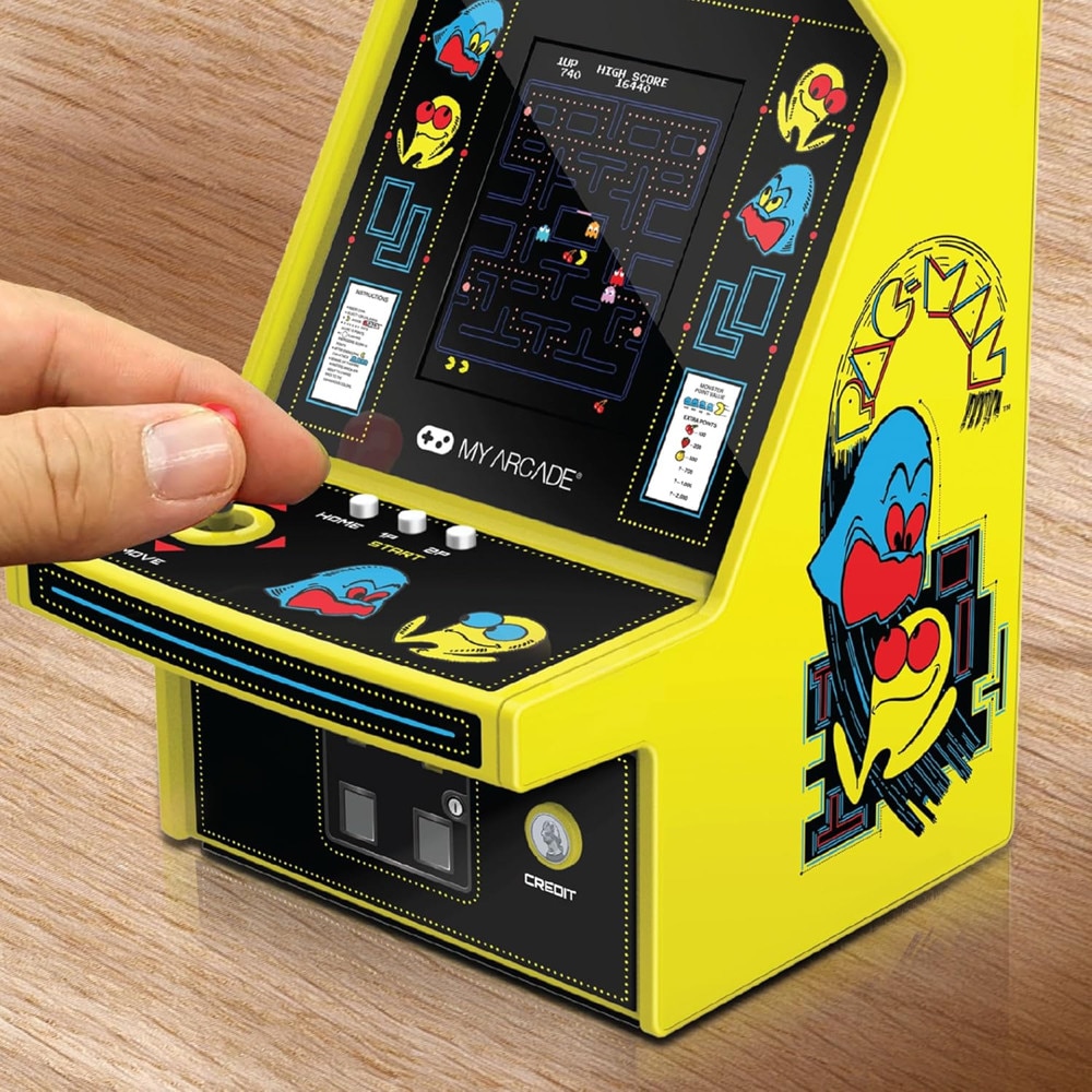 Mini consola verticala Pac-Man™ARCADE1UP, Micro Player Pro 6.7'', grafica originala, display color 2.75 inch, iluminare ajustabila, compacta si portabila, difuzor extern, adaptor casti, potrivit pentru game rooms, ideala cadou, multicolor