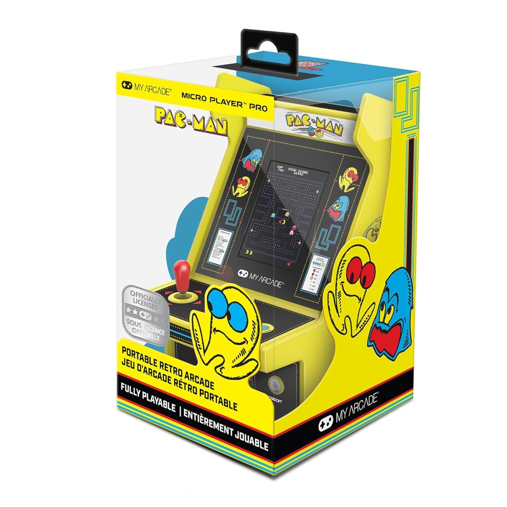 Mini consola verticala Pac-Man™ARCADE1UP, Micro Player Pro 6.7'', grafica originala, display color 2.75 inch, iluminare ajustabila, compacta si portabila, difuzor extern, adaptor casti, potrivit pentru game rooms, ideala cadou, multicolor